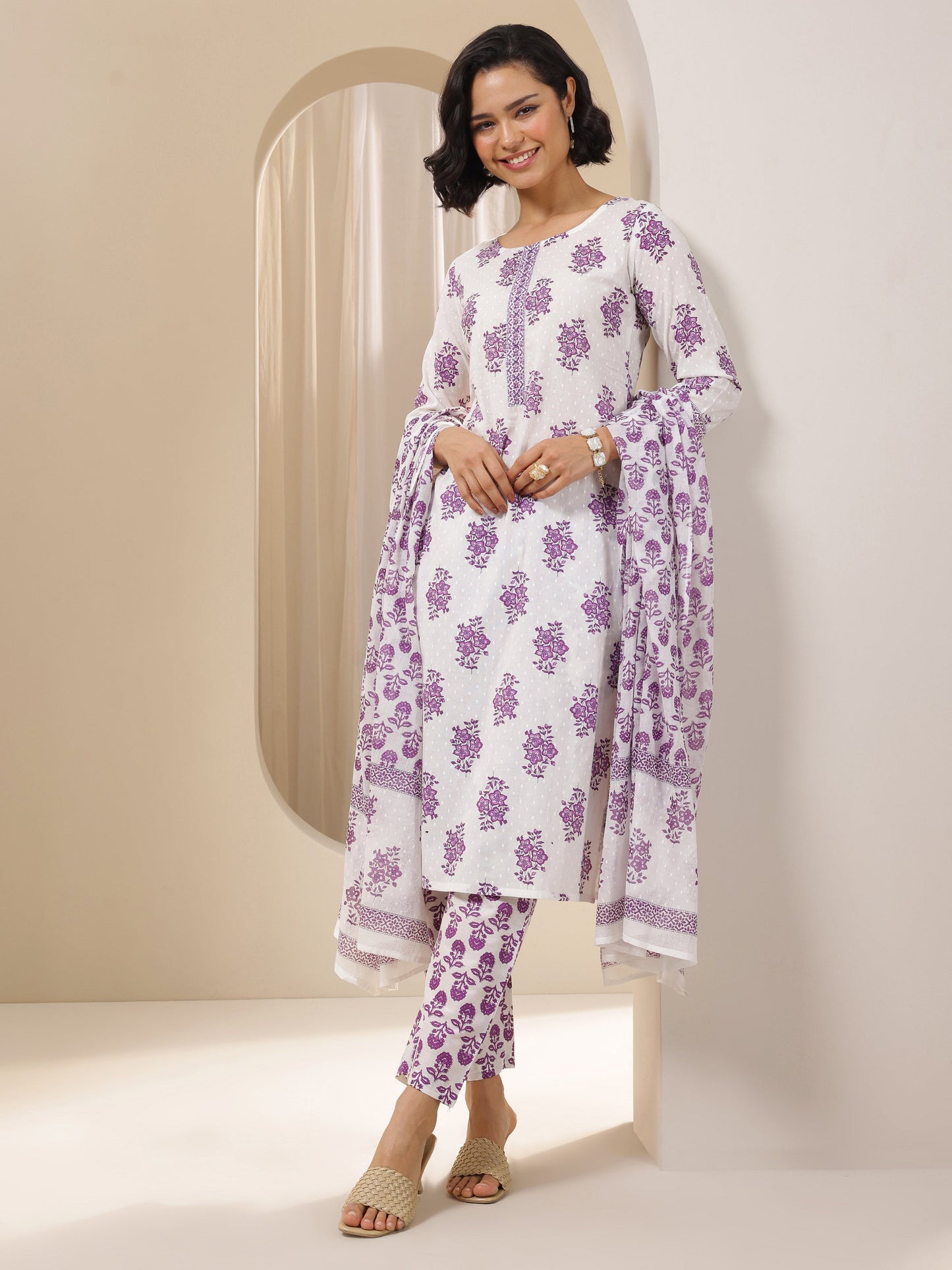 Off White Printed Cotton Straight Suit Sets With Dupatta