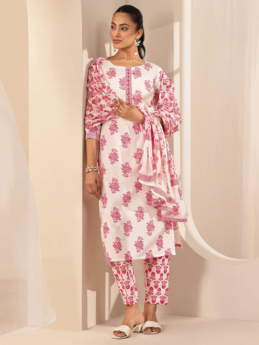 Off White Printed Cotton Straight Suit Sets With Dupatta
