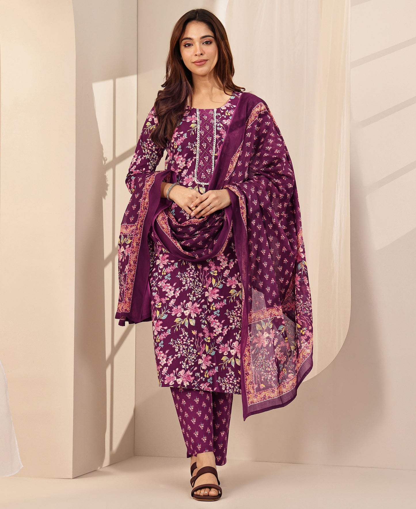 Wine Printed Cotton Straight Suit Sets With Dupatta