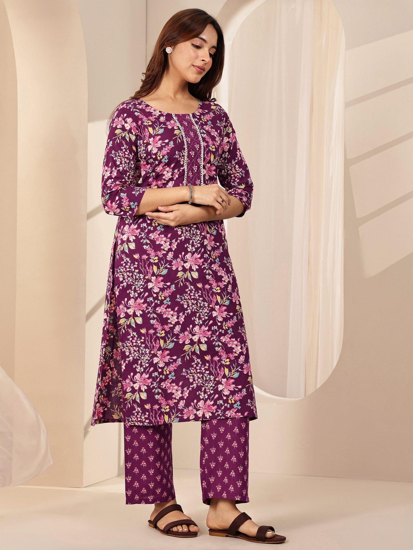 Wine Printed Cotton Straight Suit Sets With Dupatta