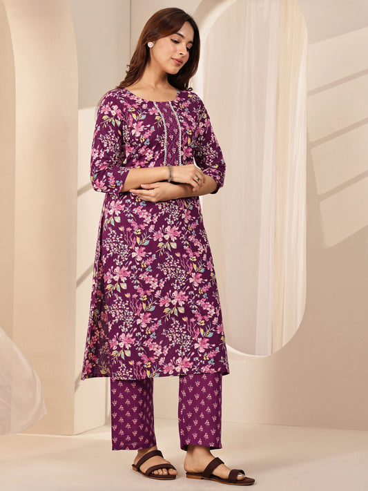 Wine Printed Cotton Straight Suit Sets With Dupatta