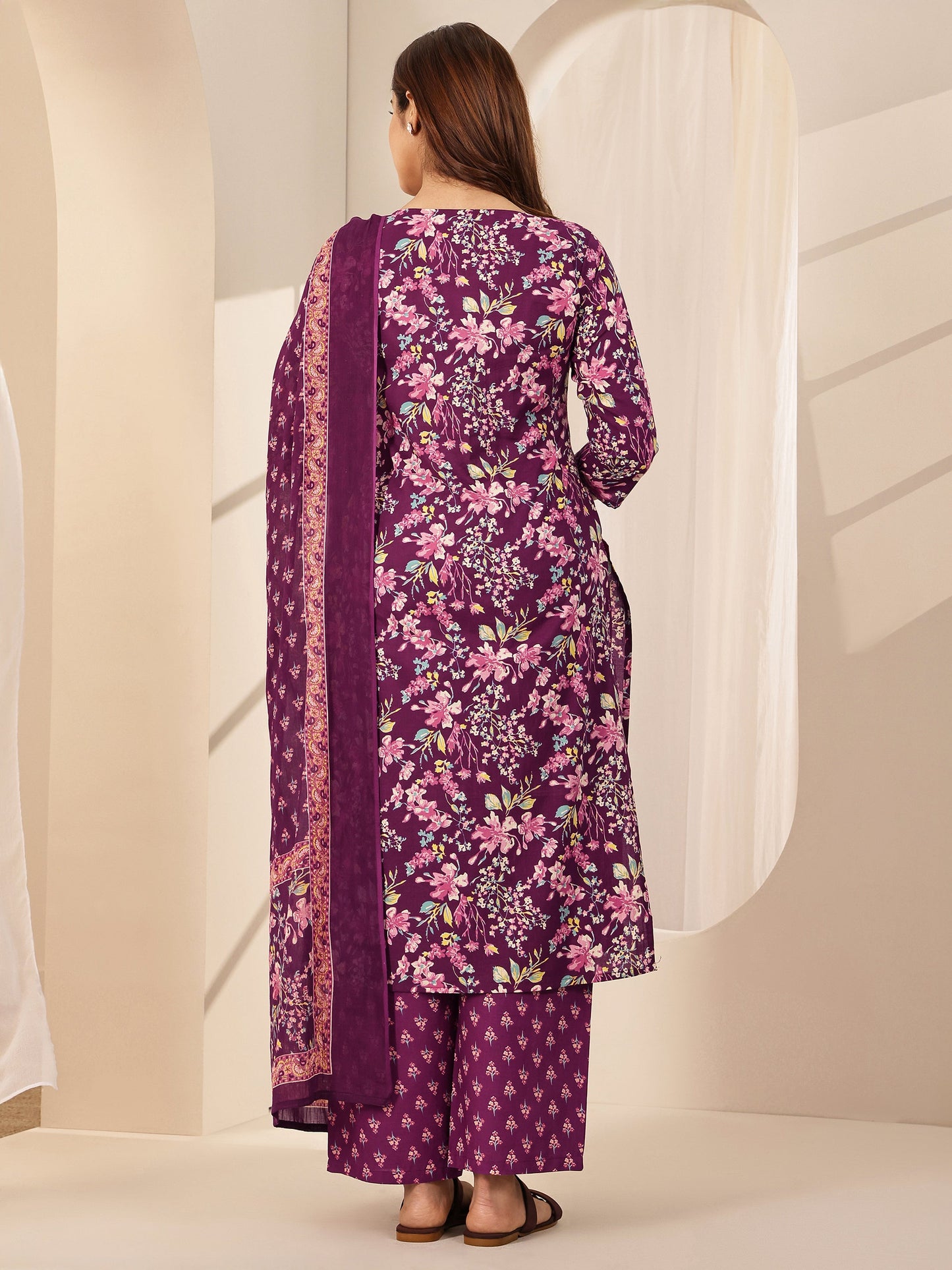 Wine Printed Cotton Straight Suit Sets With Dupatta