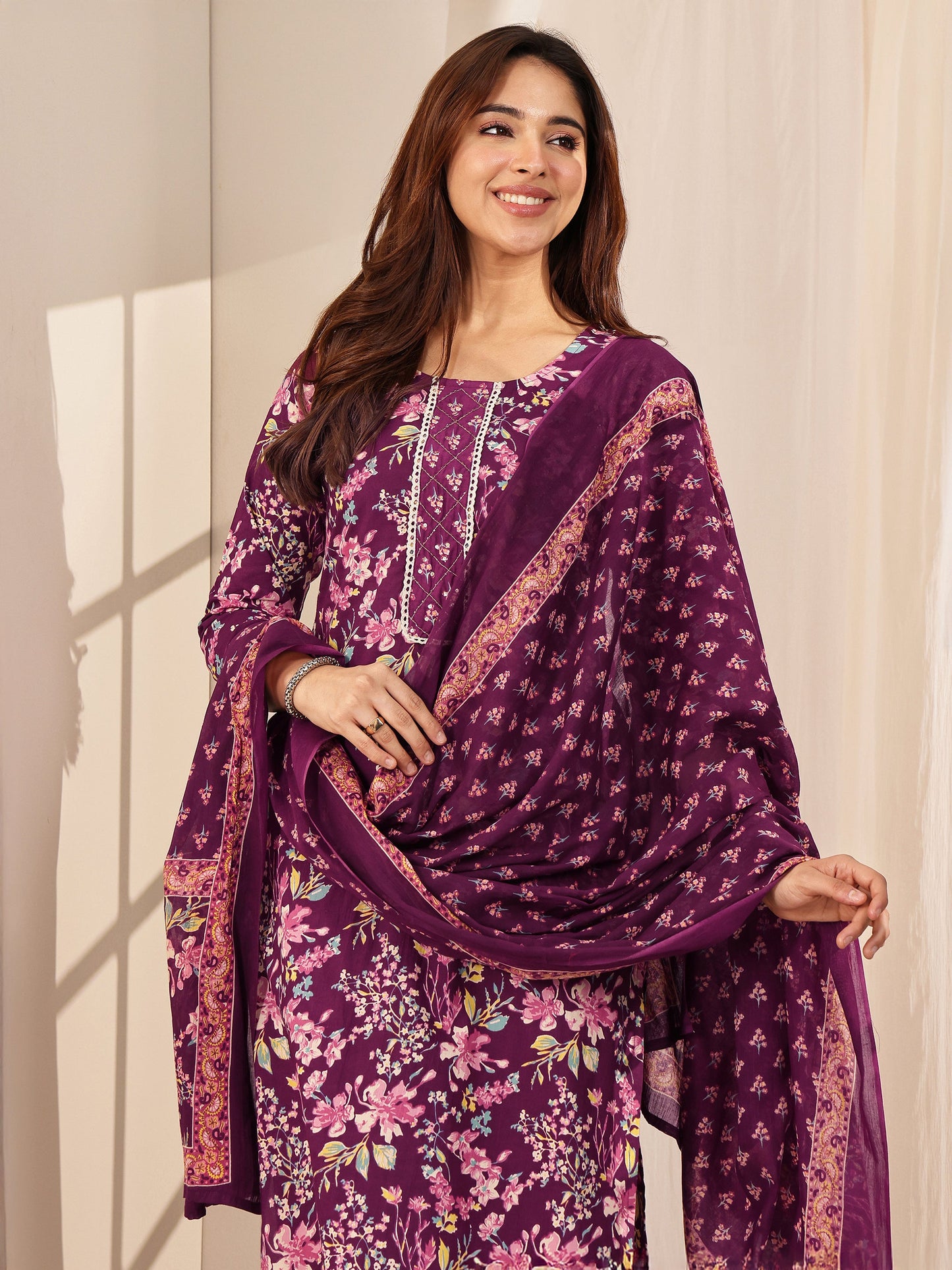 Wine Printed Cotton Straight Suit Sets With Dupatta
