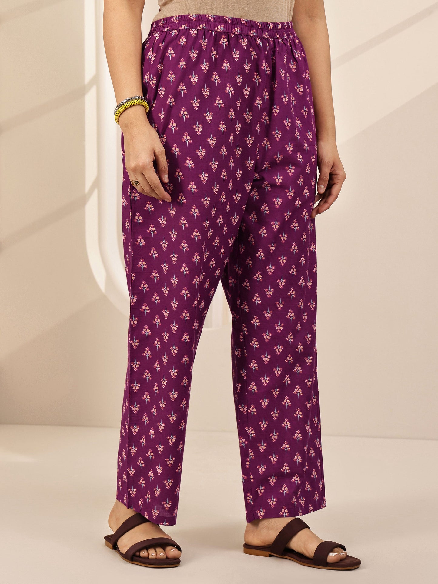 Wine Printed Cotton Straight Suit Sets With Dupatta