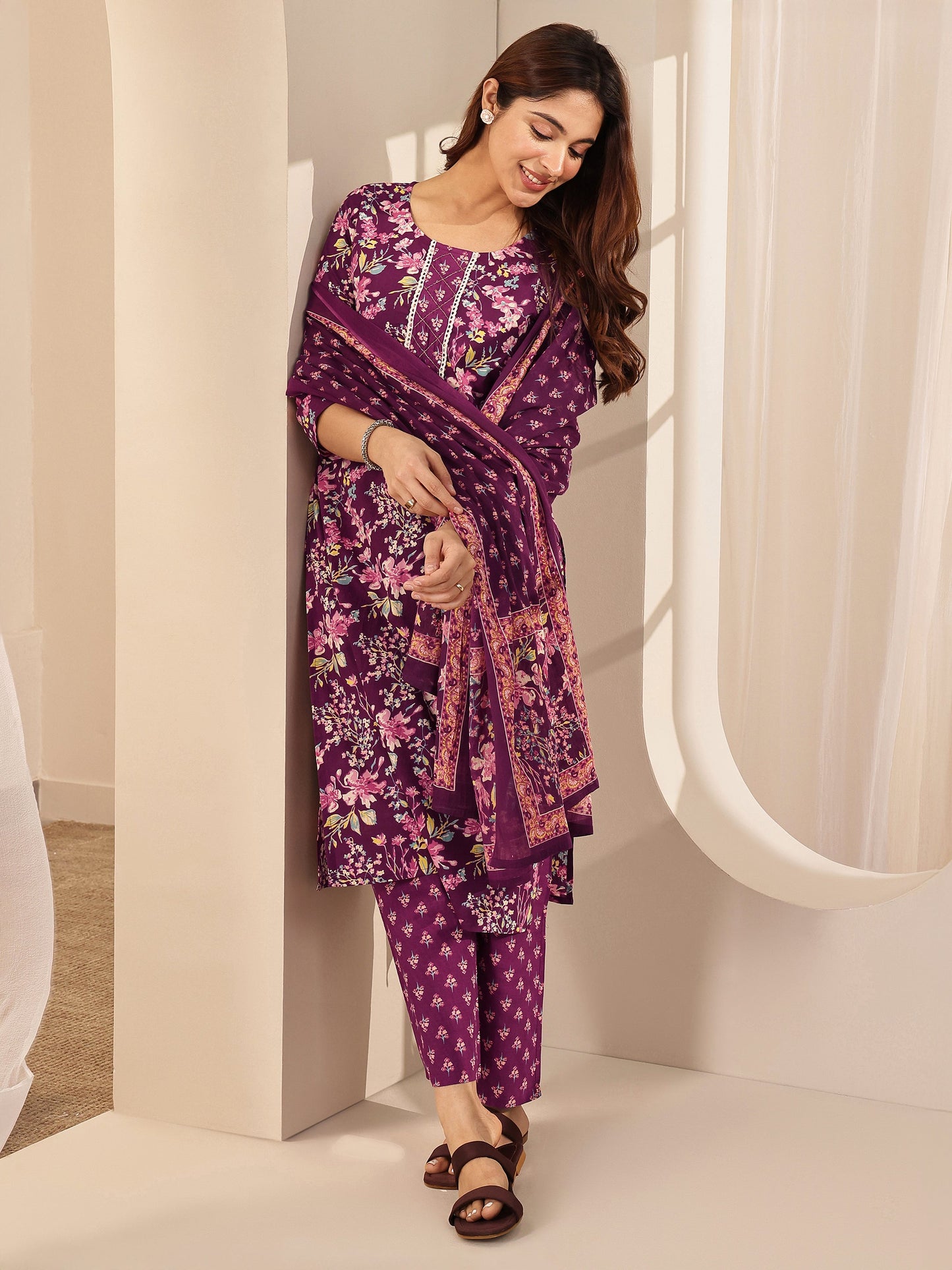 Wine Printed Cotton Straight Suit Sets With Dupatta