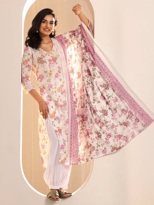 Off White Printed Cotton Straight Suit Sets With Dupatta