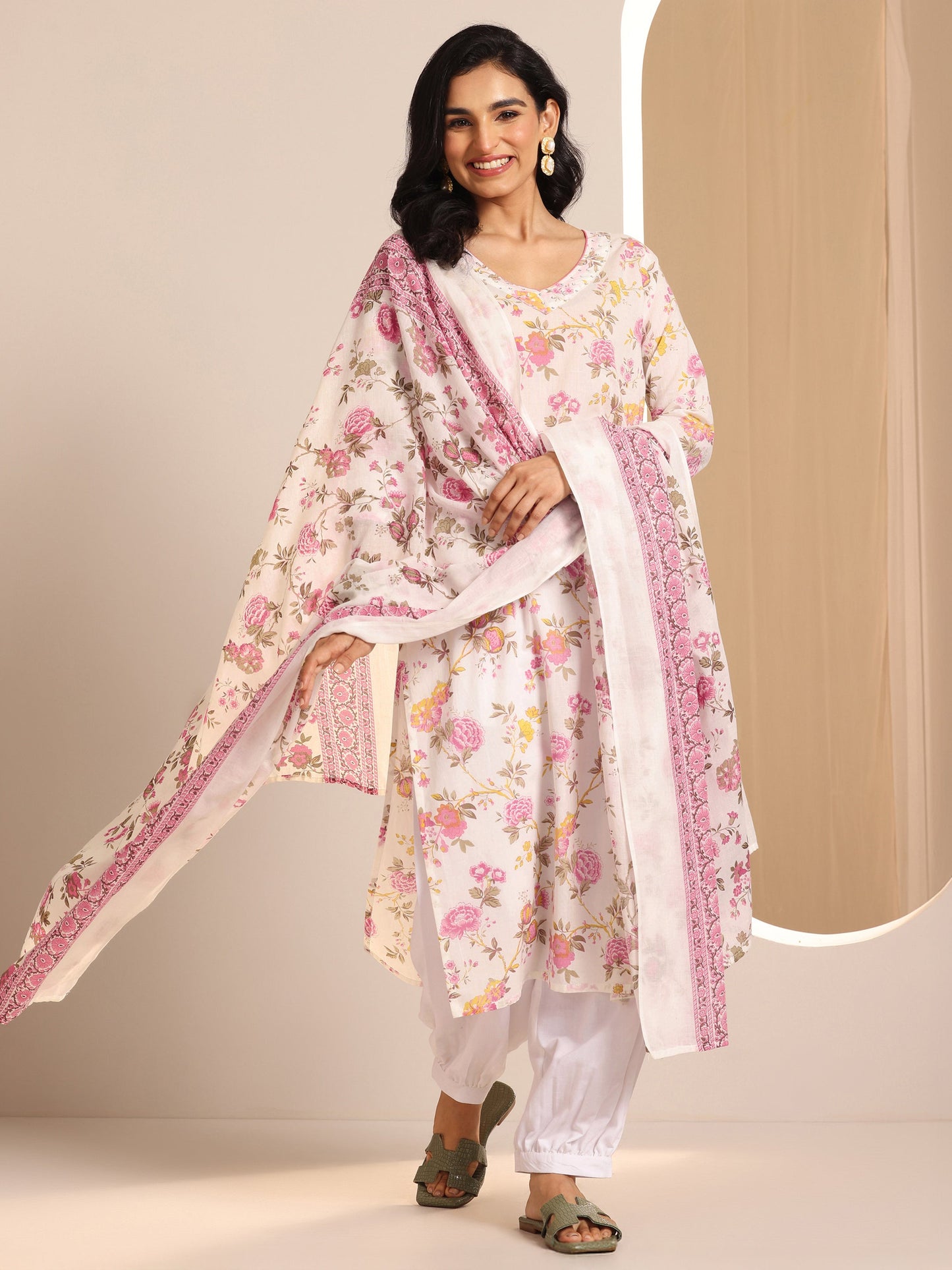 Off White Printed Cotton Straight Suit Sets With Dupatta