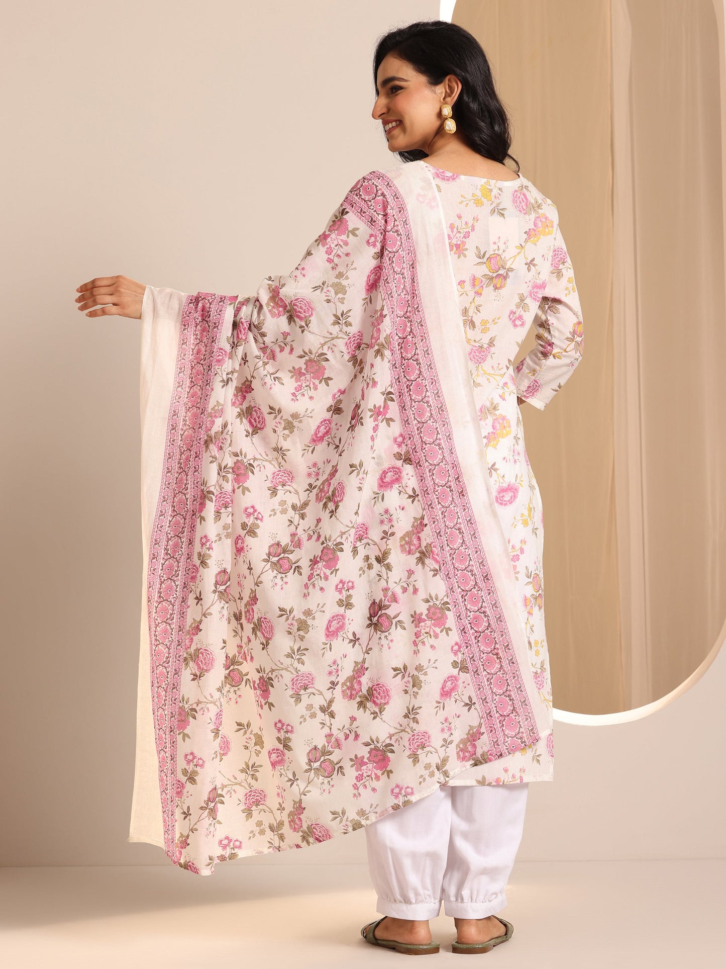 Off White Printed Cotton Straight Suit Sets With Dupatta