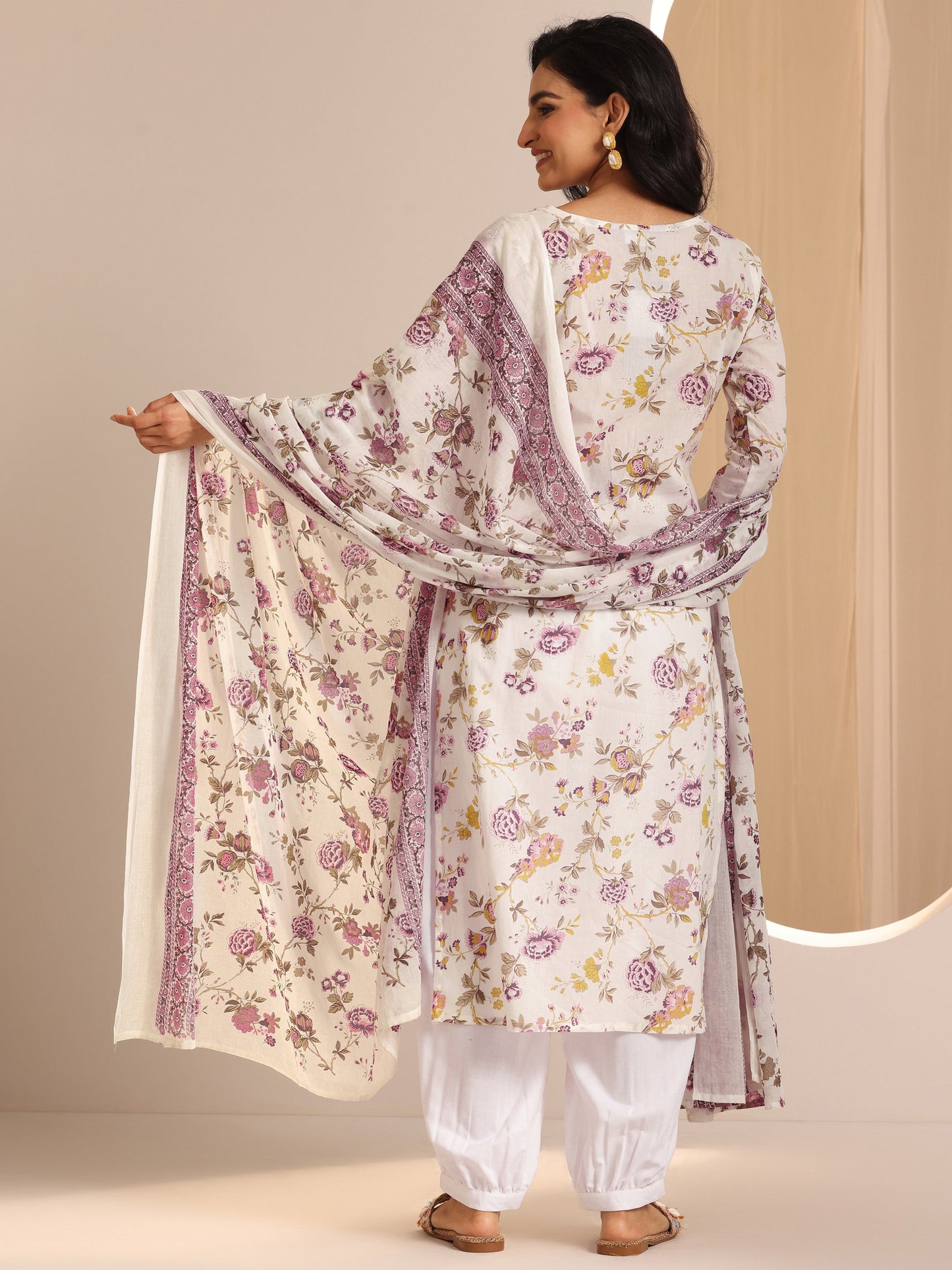Off White Printed Cotton Straight Suit Sets With Dupatta