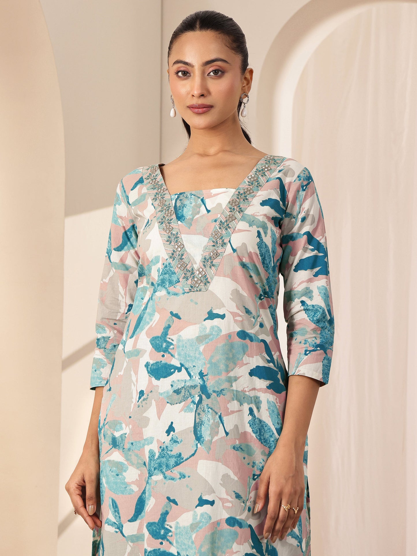 Off White Printed Cotton Straight Suit Sets With Dupatta