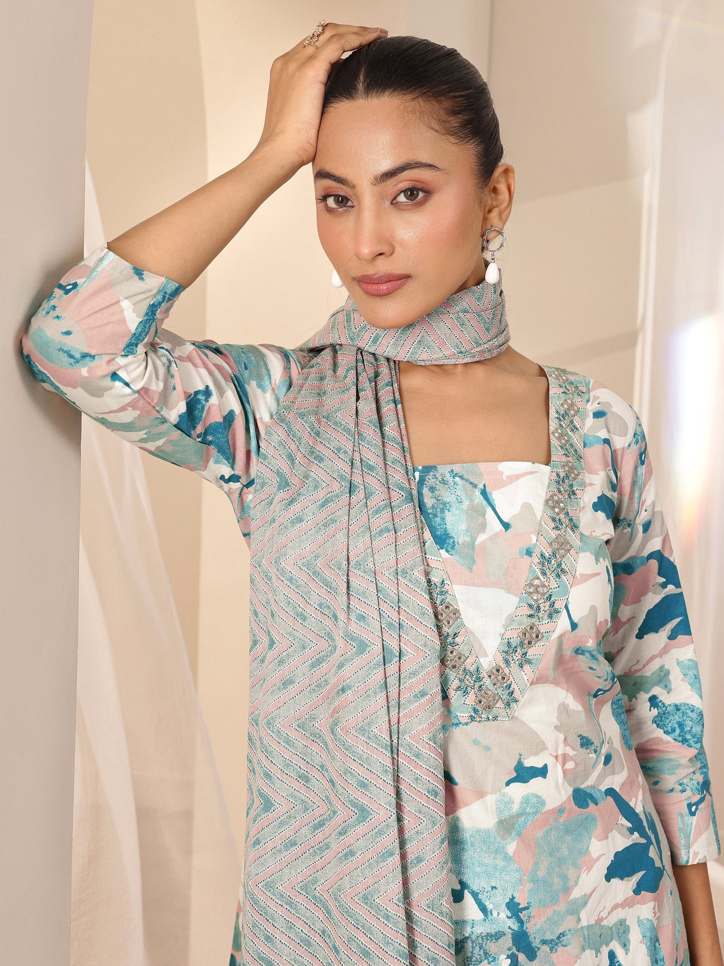 Off White Printed Cotton Straight Suit Sets With Dupatta