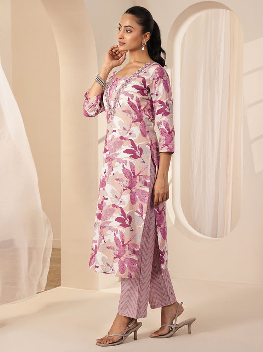 Off White Printed Cotton Straight Suit Sets With Dupatta
