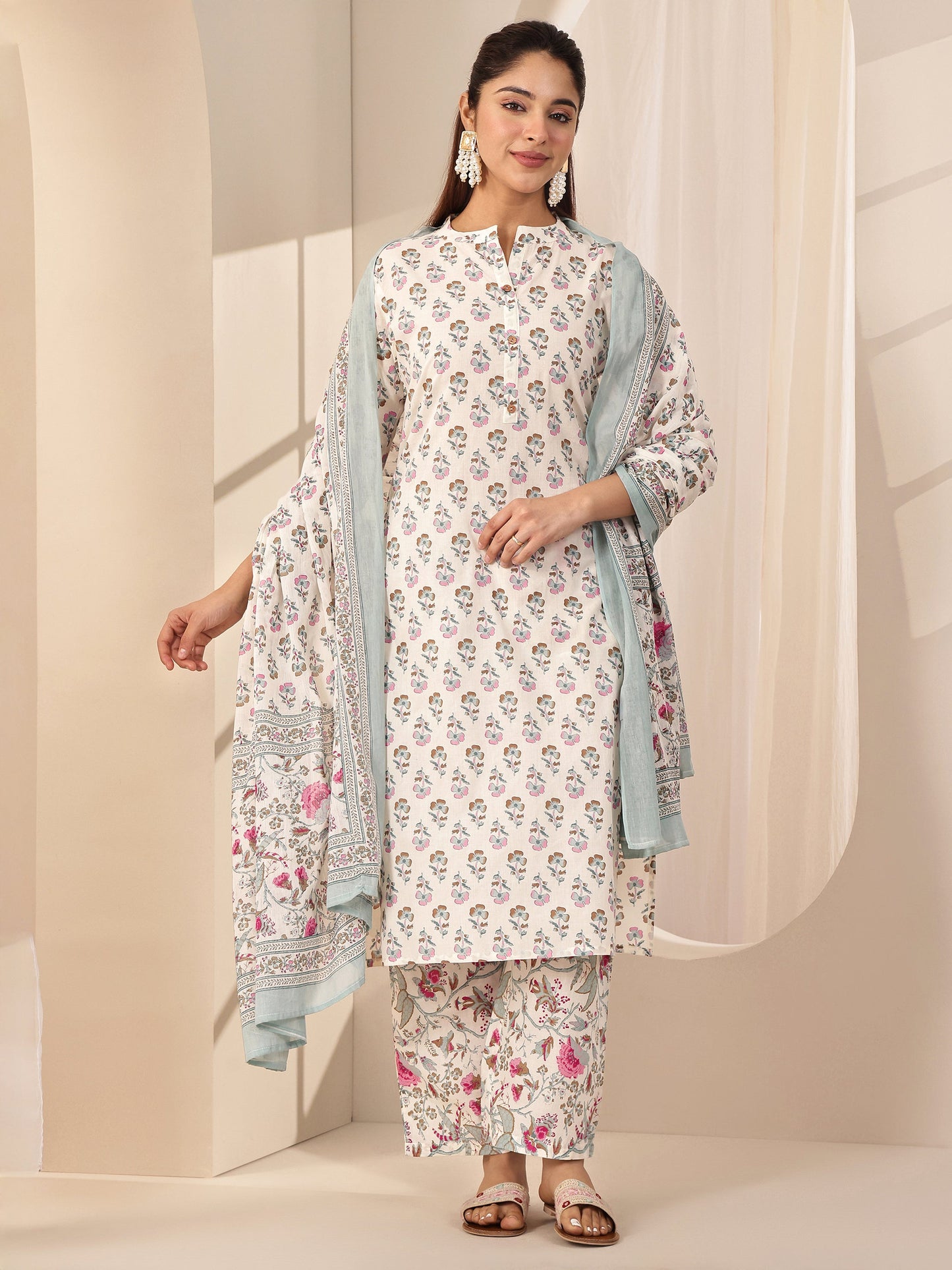 Off White Printed Cotton Straight Suit Sets With Dupatta