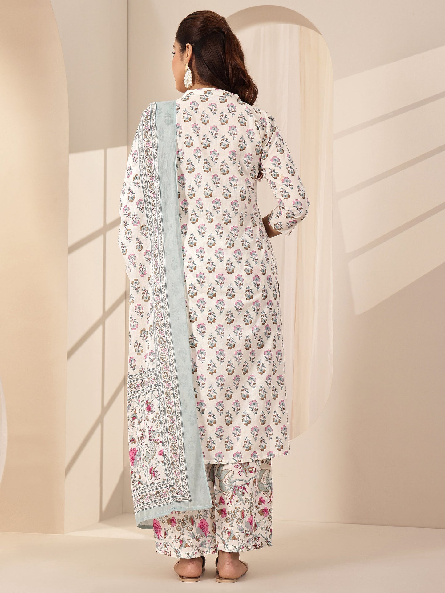 Off White Printed Cotton Straight Suit Sets With Dupatta