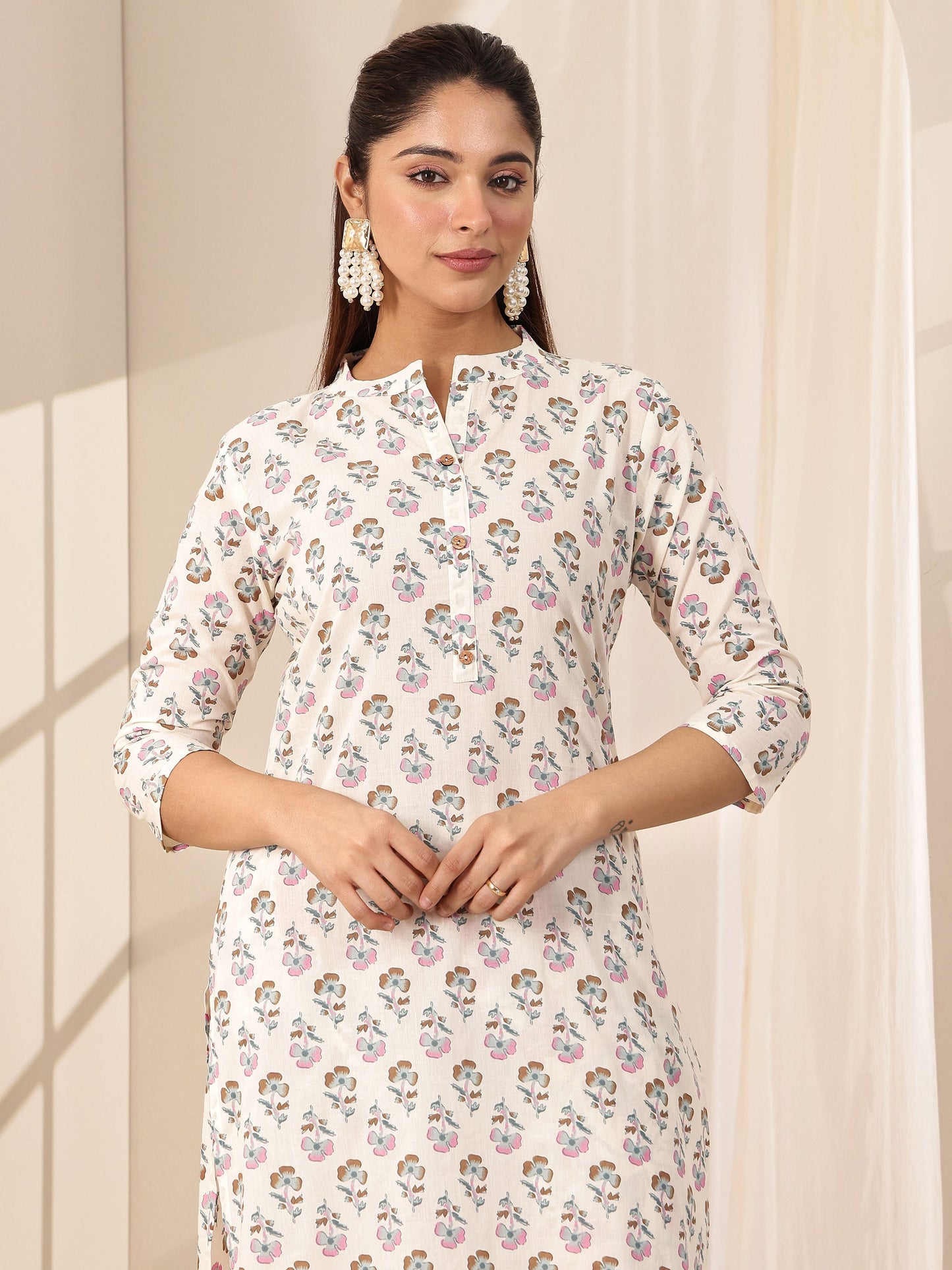 Off White Printed Cotton Straight Suit Sets With Dupatta