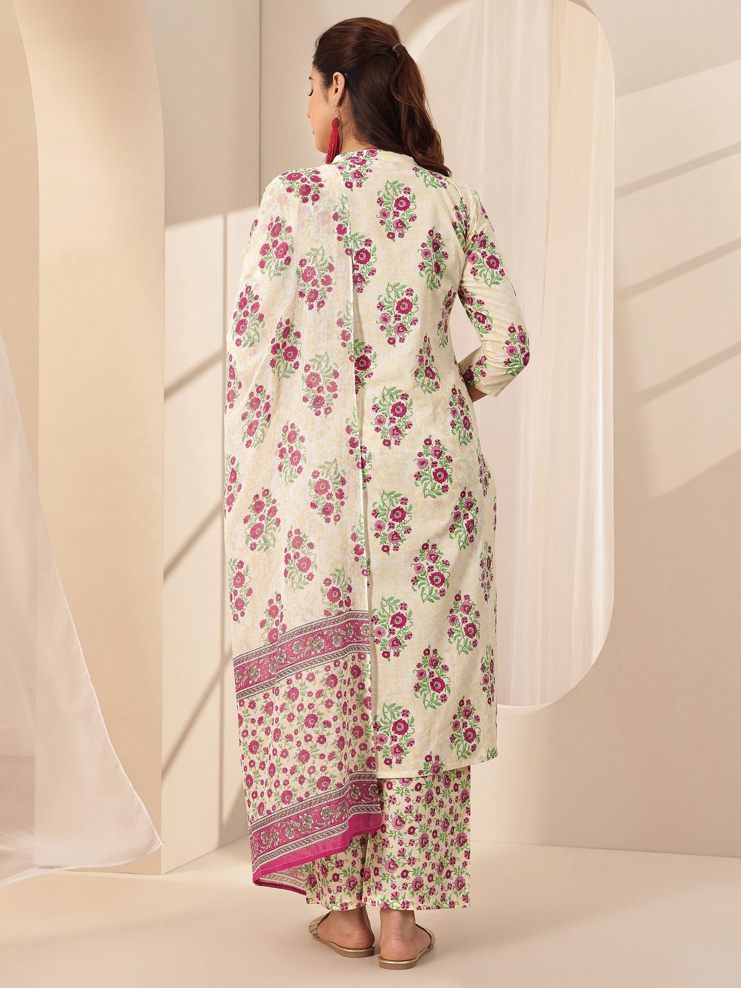 Off White Printed Cotton Straight Suit Sets With Dupatta