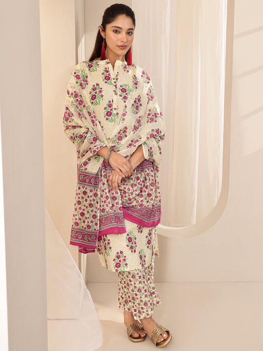 Off White Printed Cotton Straight Suit Sets With Dupatta