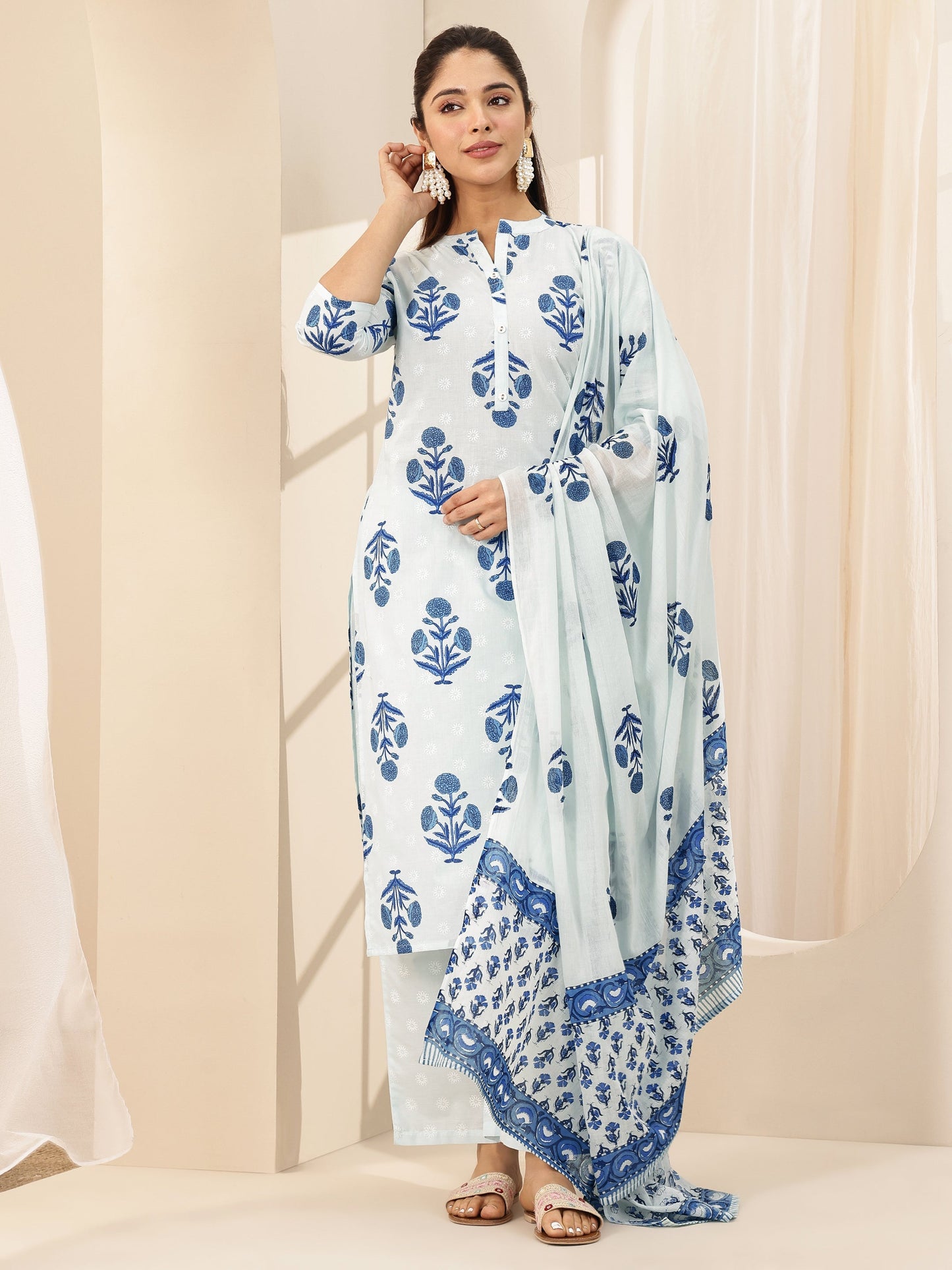 Blue Printed Cotton Straight Suit Sets With Dupatta