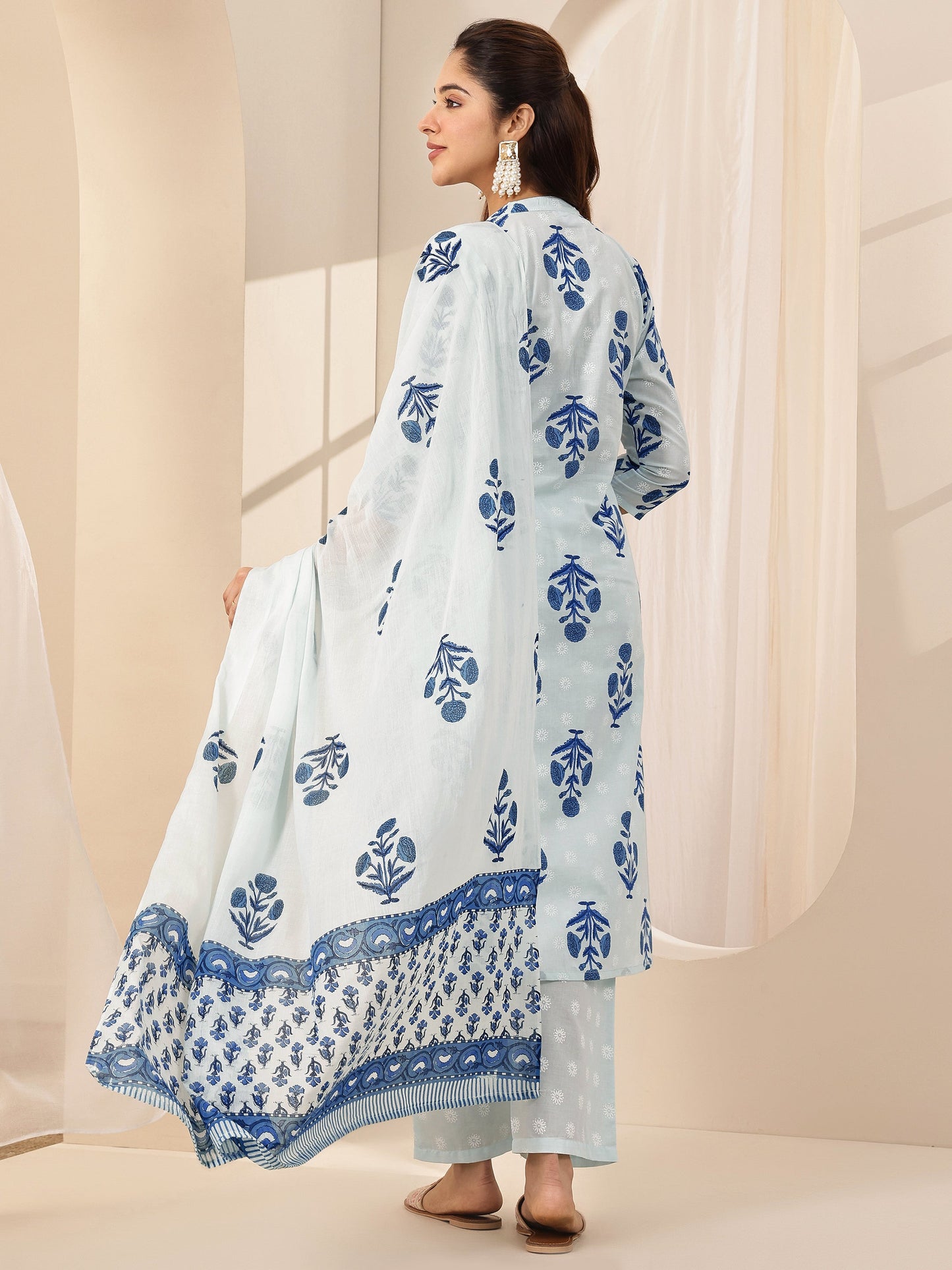 Blue Printed Cotton Straight Suit Sets With Dupatta