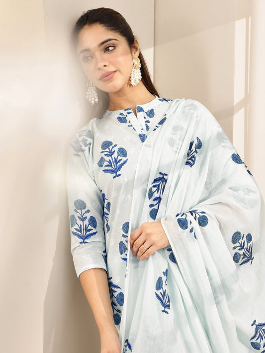 Blue Printed Cotton Straight Suit Sets With Dupatta