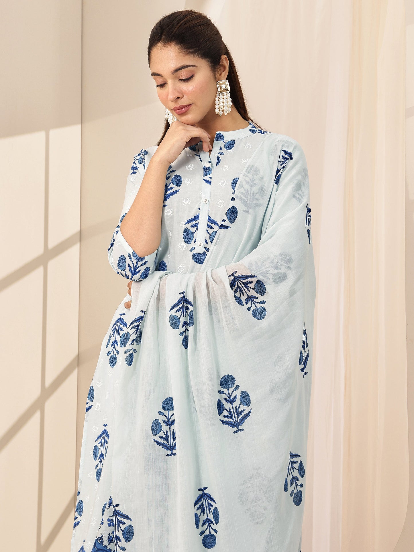 Blue Printed Cotton Straight Suit Sets With Dupatta