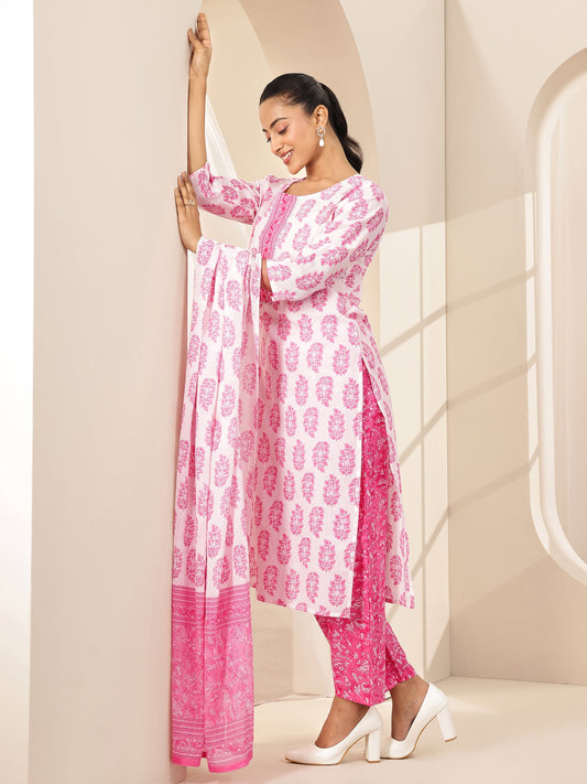 Off White Printed Cotton Straight Suit Sets With Dupatta