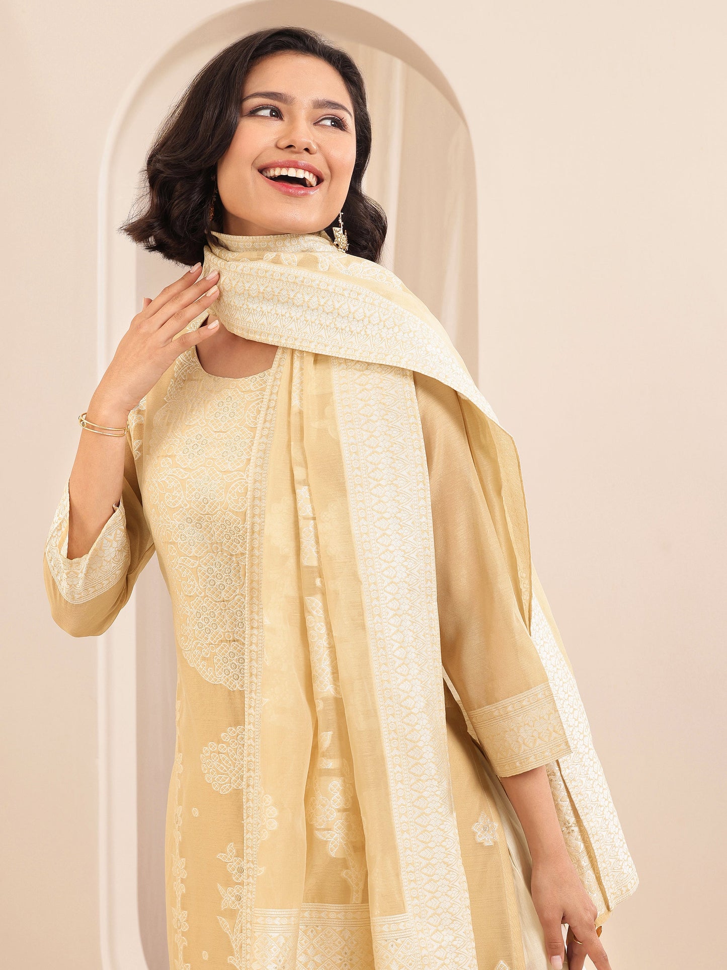 Beige Self Design Chanderi Silk Straight Suit Sets With Dupatta
