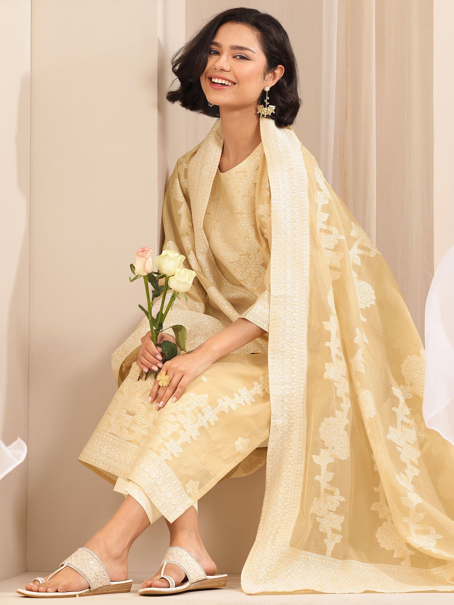 Beige Self Design Chanderi Silk Straight Suit Sets With Dupatta