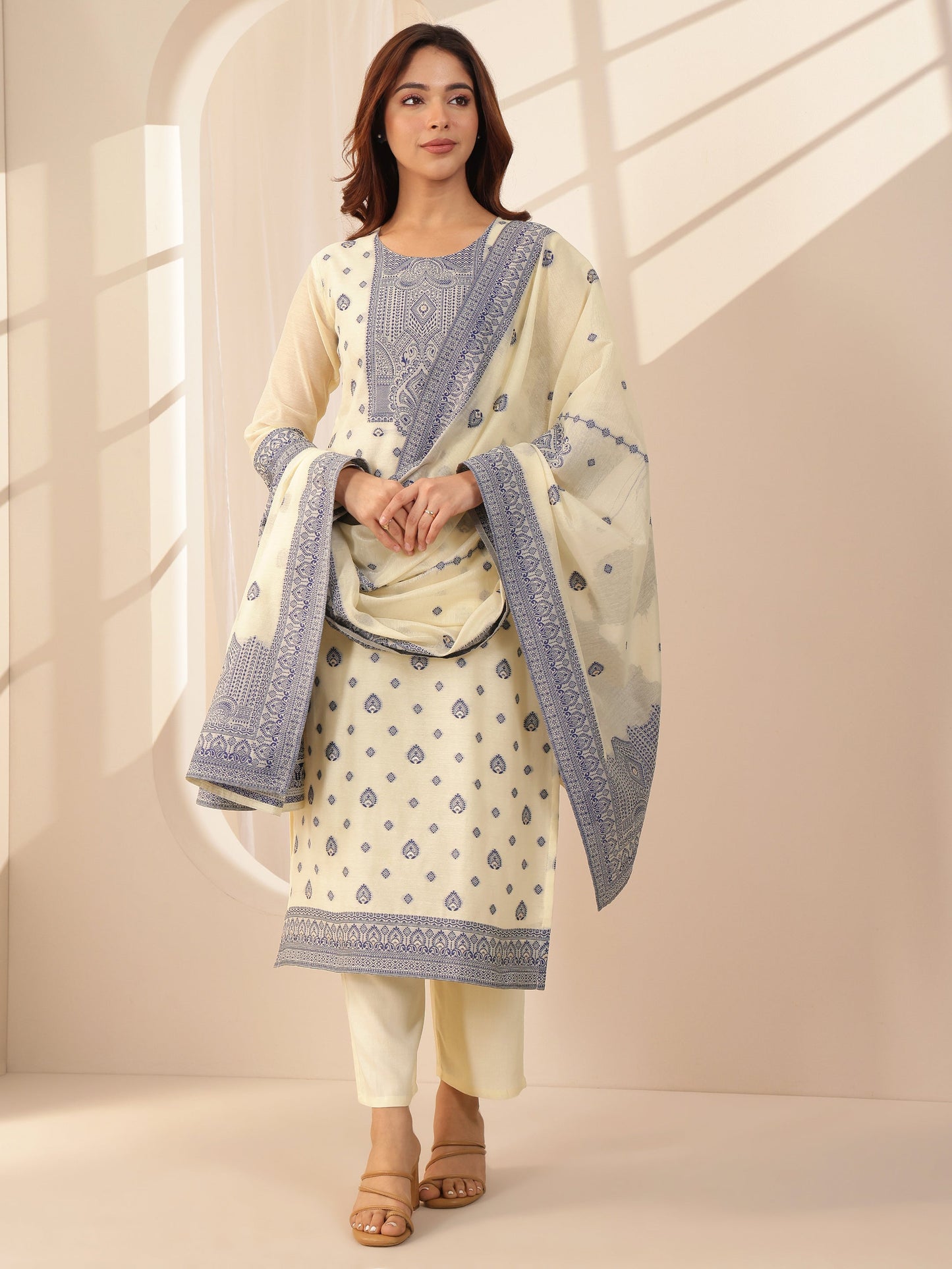 Cream Self Design Chanderi Silk Straight Suit Sets With Dupatta