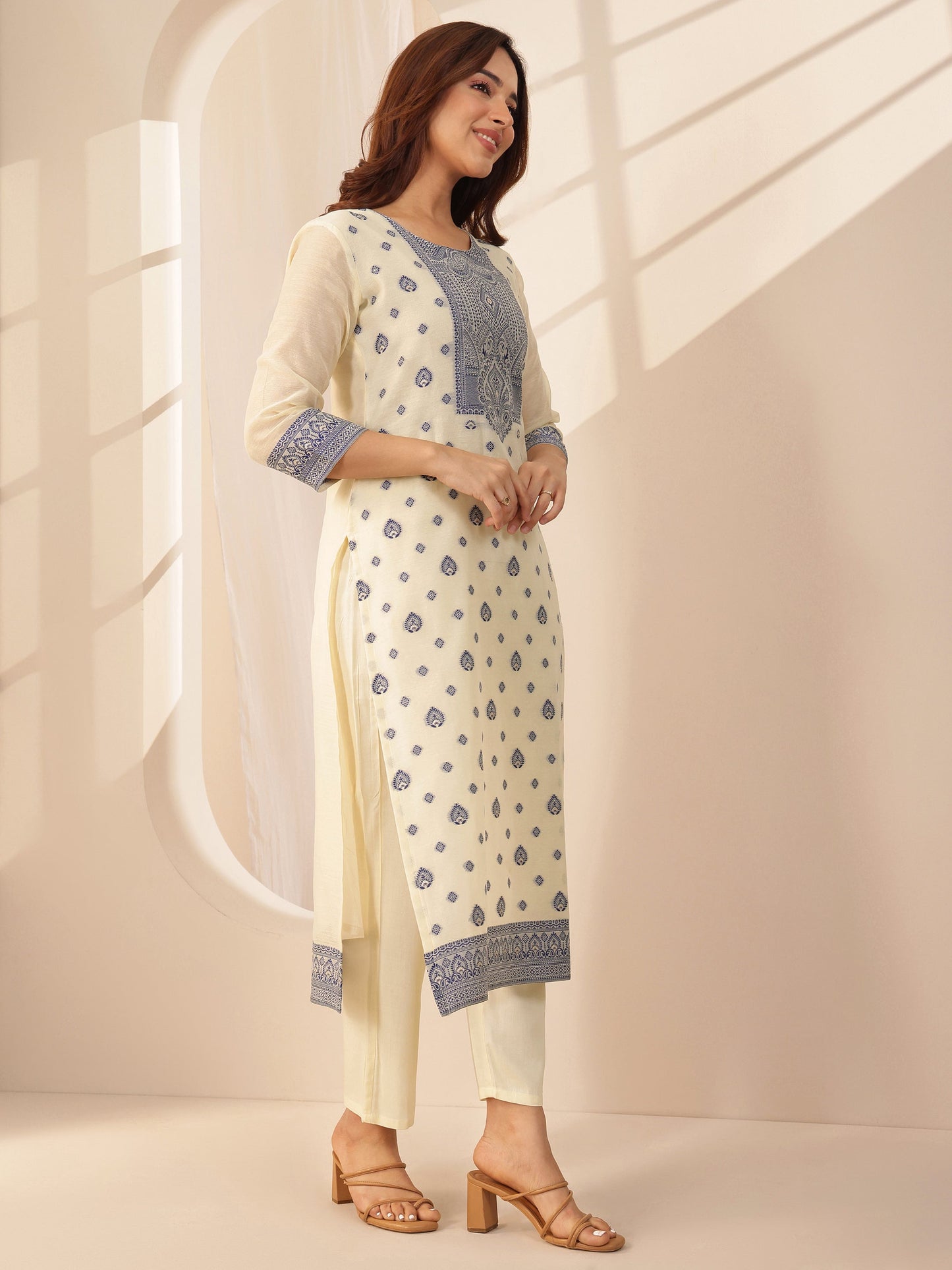 Cream Self Design Chanderi Silk Straight Suit Sets With Dupatta