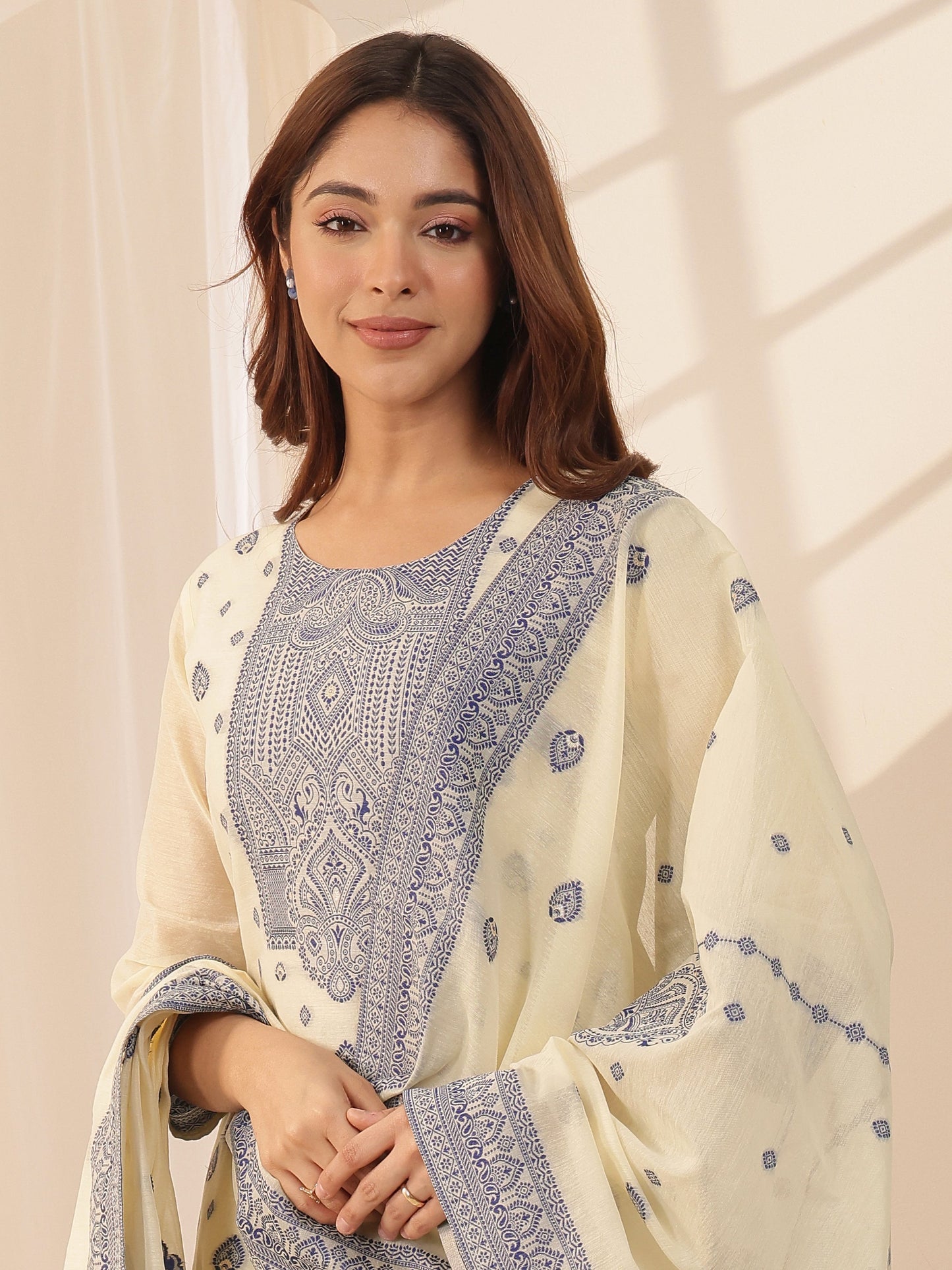 Cream Self Design Chanderi Silk Straight Suit Sets With Dupatta
