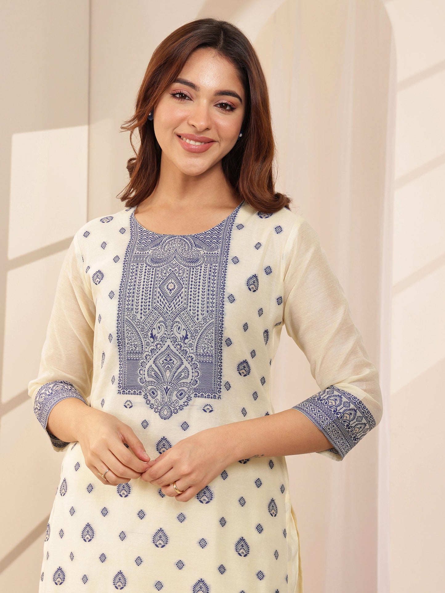 Cream Self Design Chanderi Silk Straight Suit Sets With Dupatta