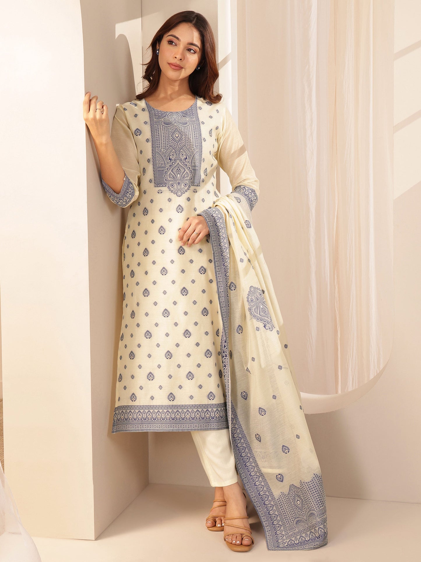 Cream Self Design Chanderi Silk Straight Suit Sets With Dupatta