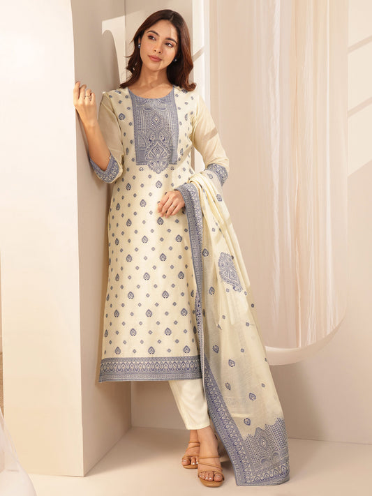 Cream Self Design Chanderi Silk Straight Suit Sets With Dupatta