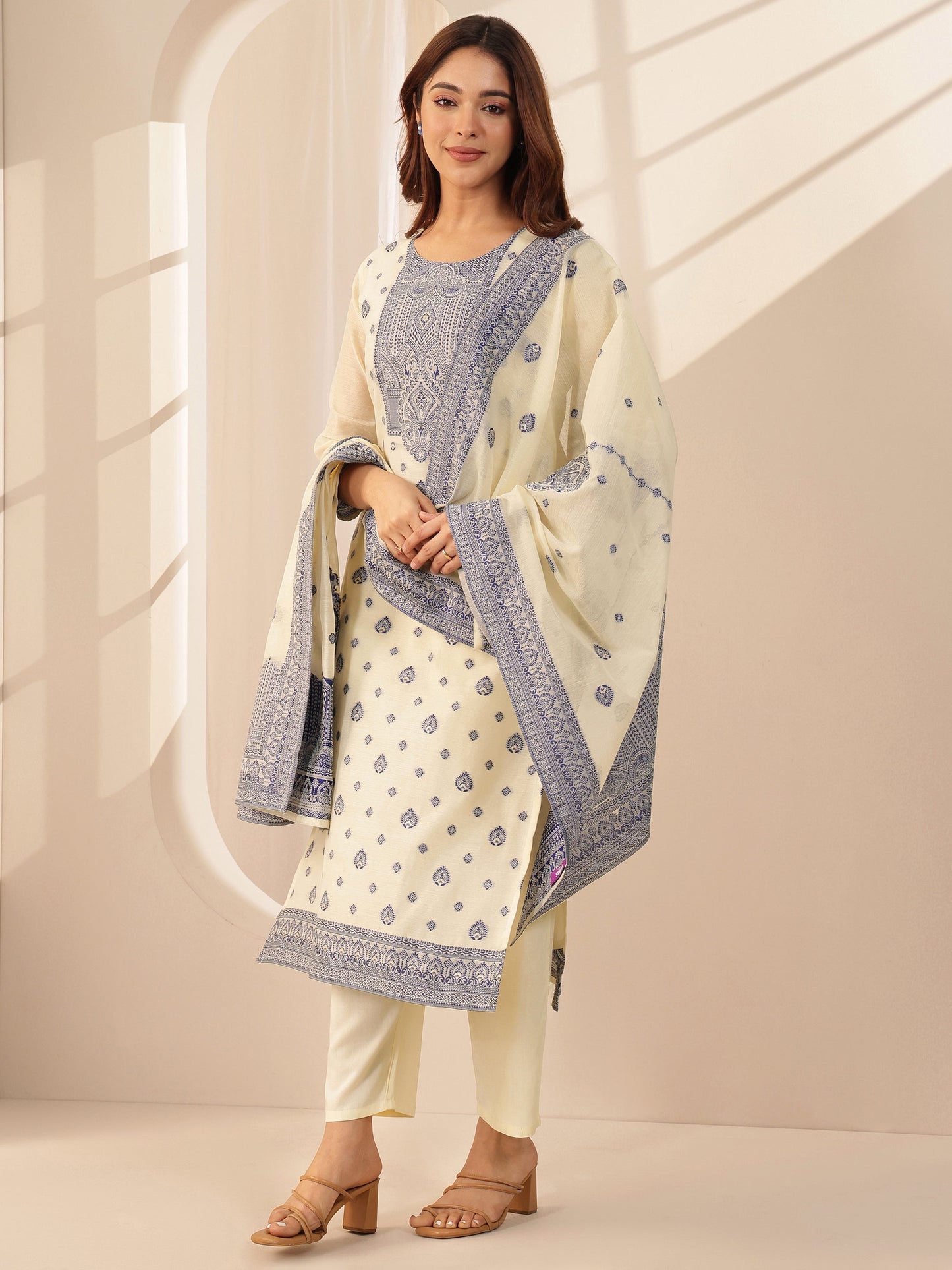 Cream Self Design Chanderi Silk Straight Suit Sets With Dupatta