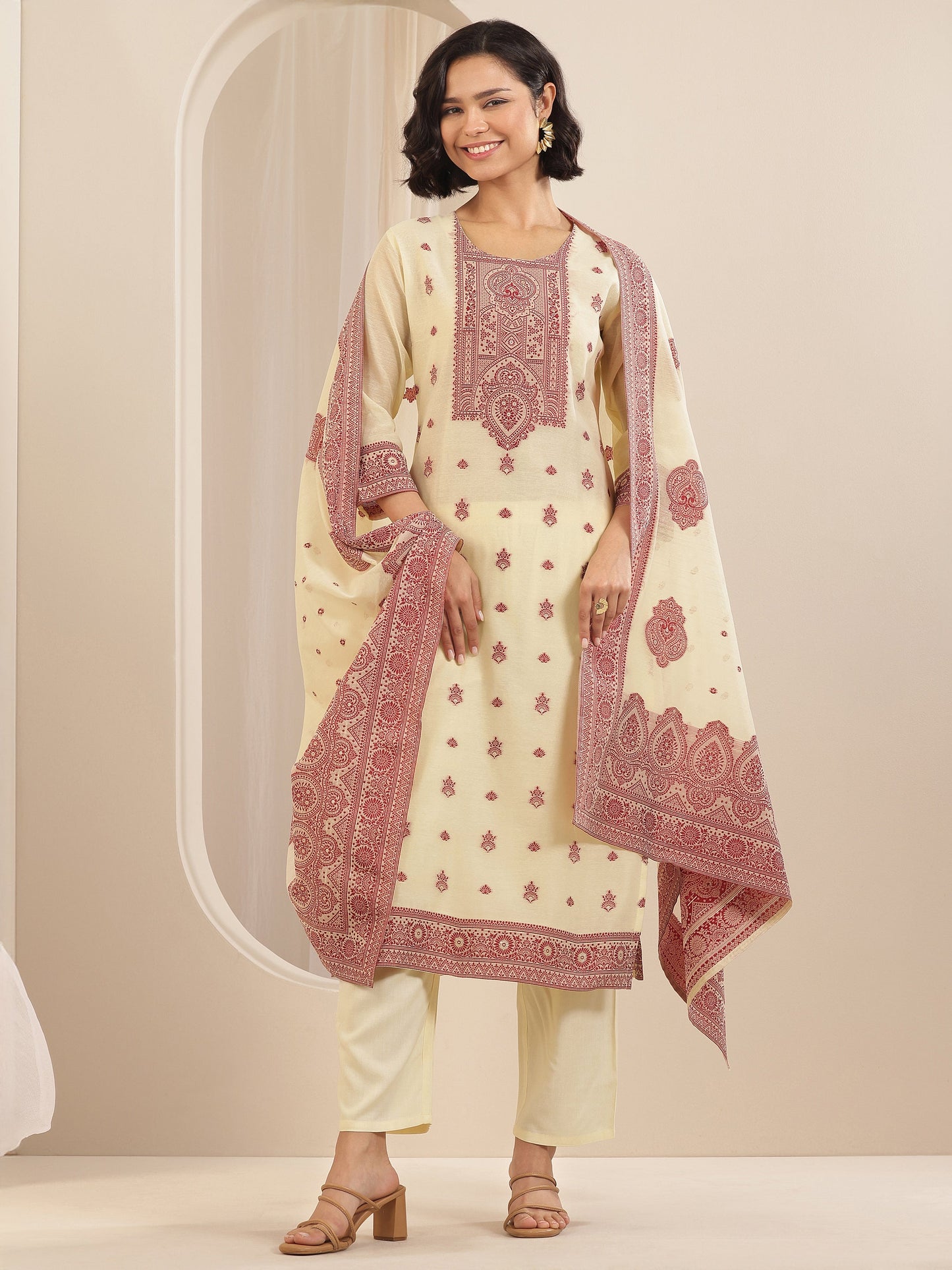 Cream Self Design Chanderi Silk Straight Suit Sets With Dupatta