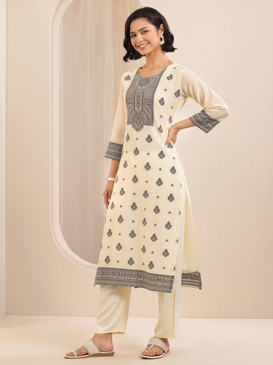 Cream Self Design Chanderi Silk Straight Suit Sets With Dupatta