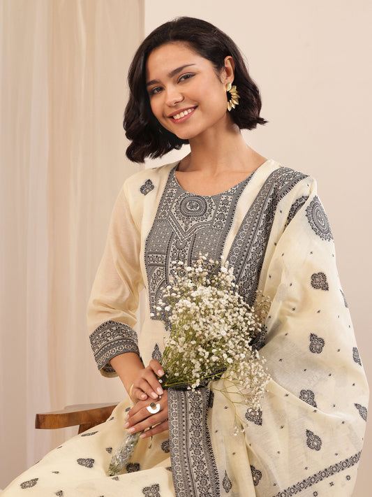 Cream Self Design Chanderi Silk Straight Suit Sets With Dupatta