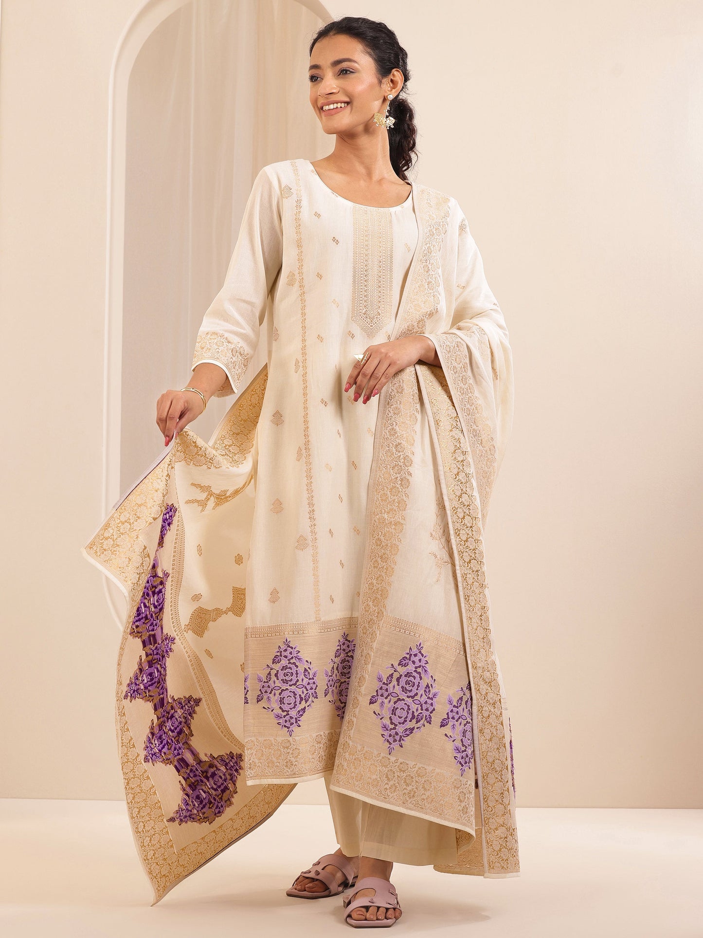 Off White Self Design Cotton Straight Suit Sets With Dupatta