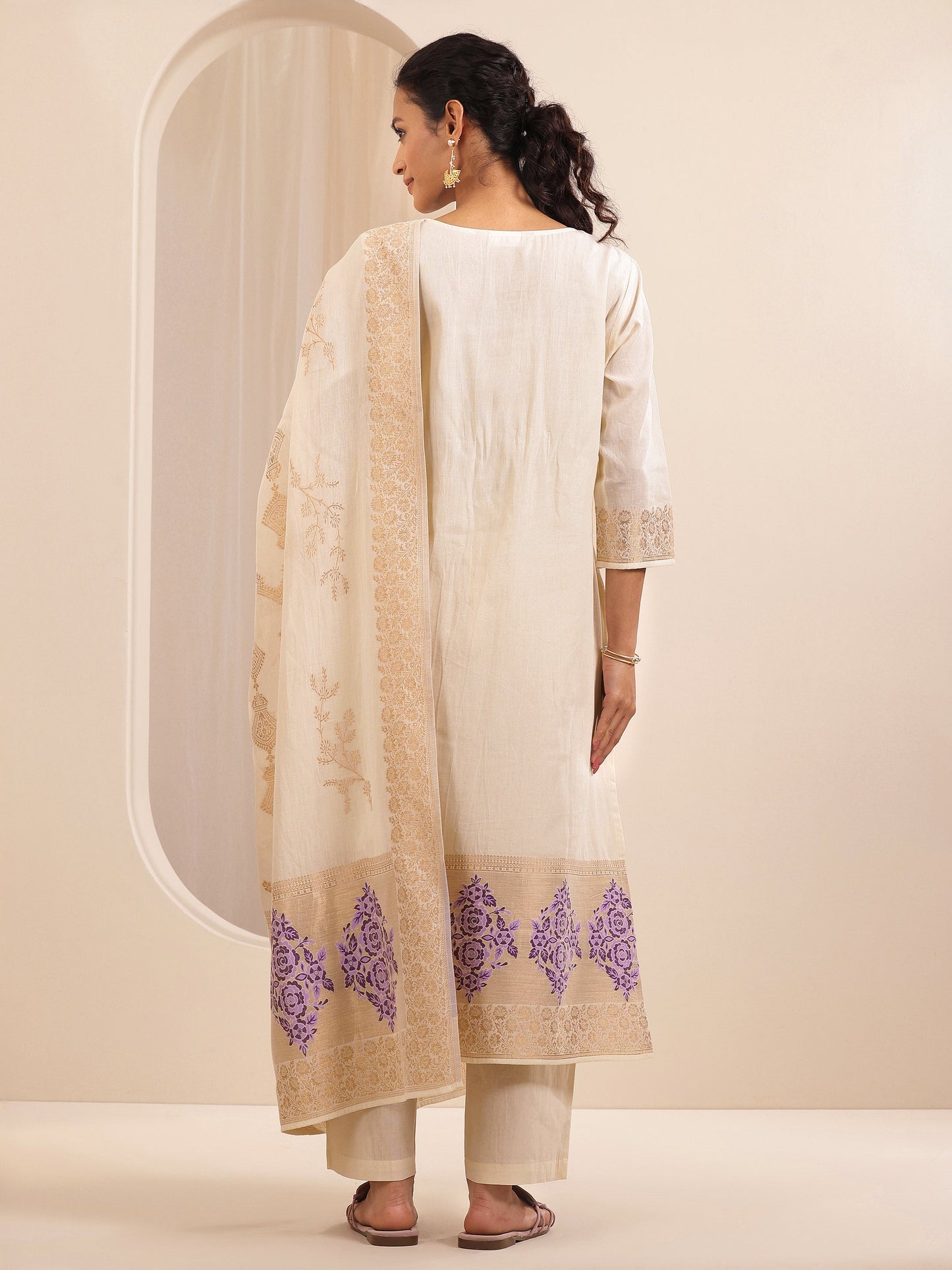 Off White Self Design Cotton Straight Suit Sets With Dupatta