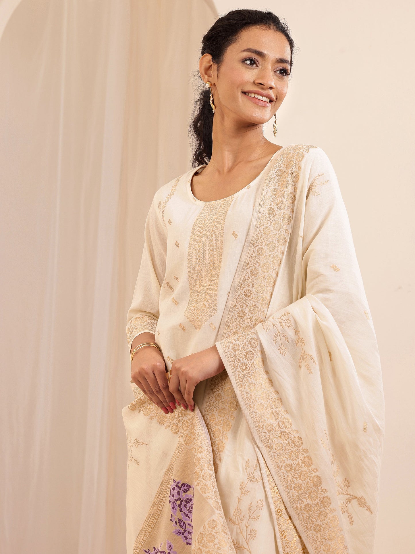 Off White Self Design Cotton Straight Suit Sets With Dupatta