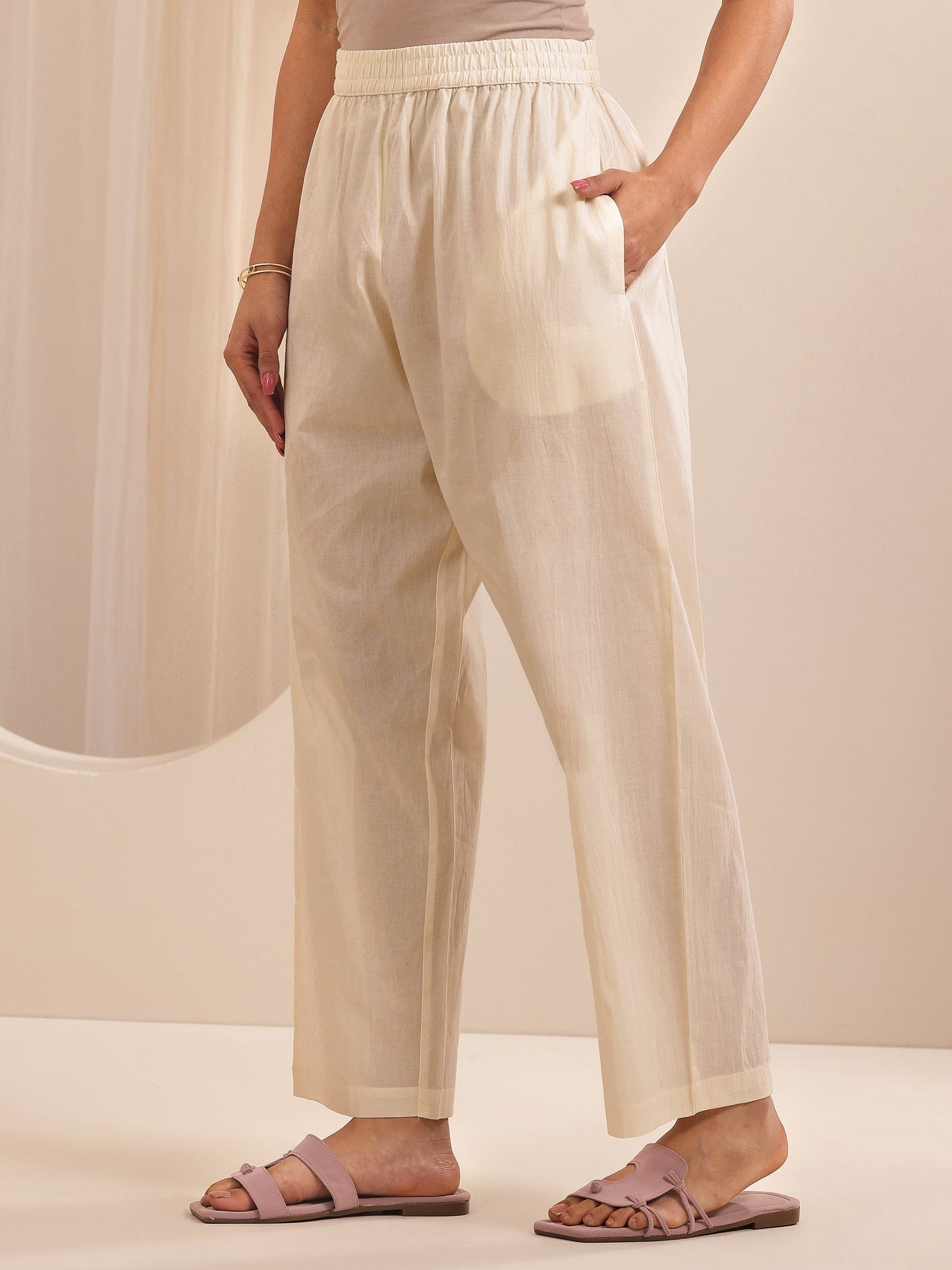 Off White Self Design Cotton Straight Suit Sets With Dupatta