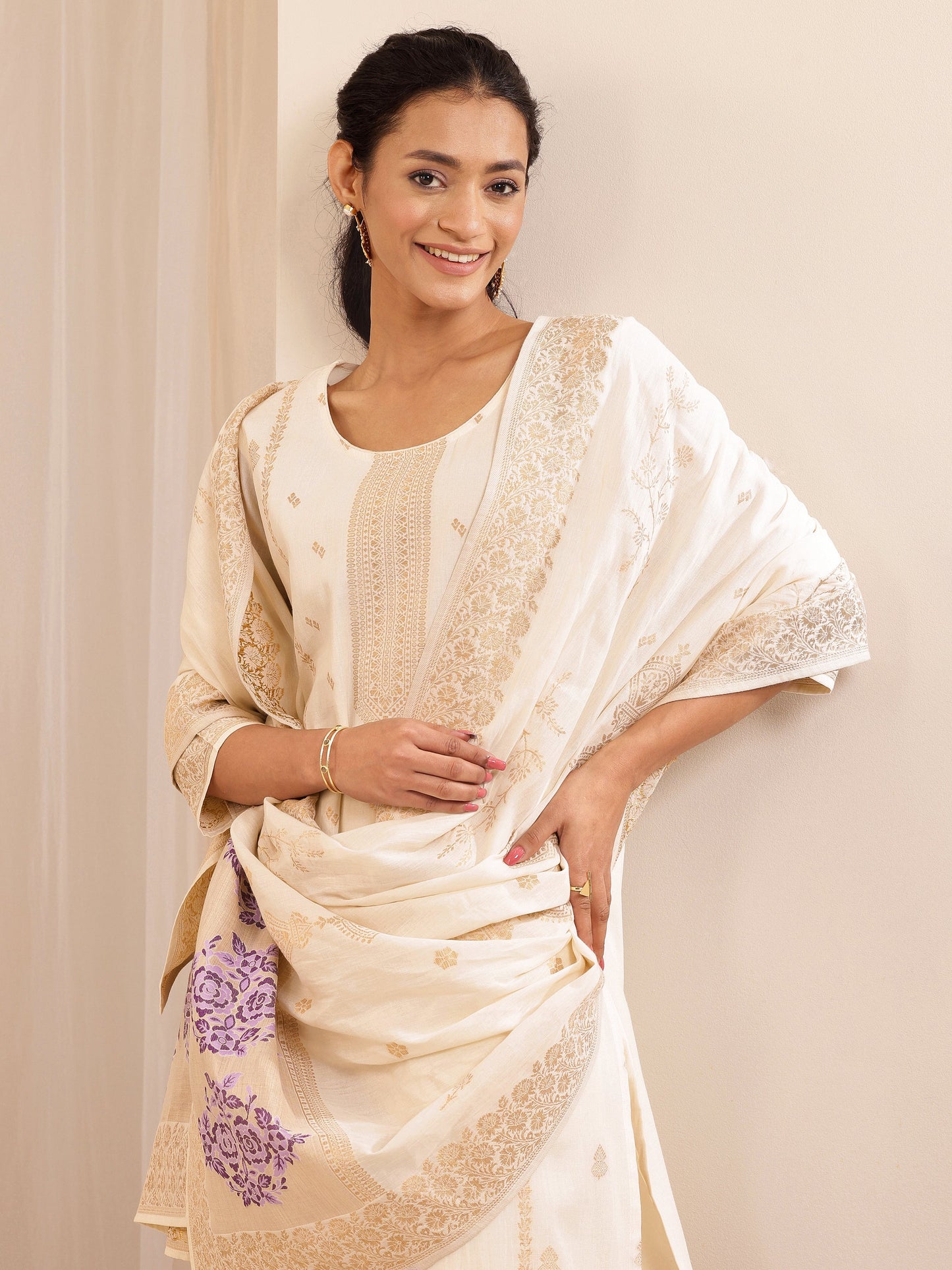 Off White Self Design Cotton Straight Suit Sets With Dupatta