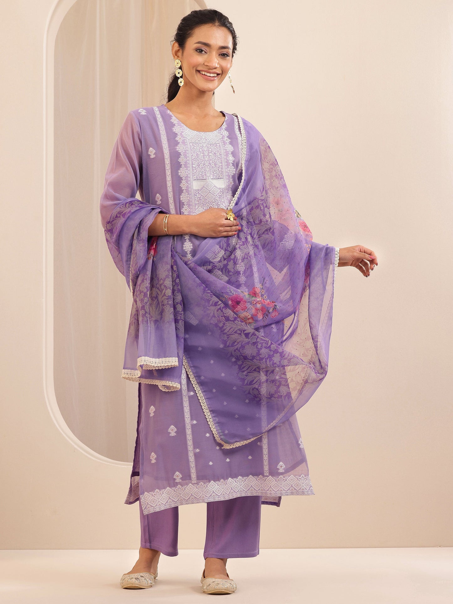 Lavender Self Design Chanderi Silk Straight Suit Sets With Dupatta