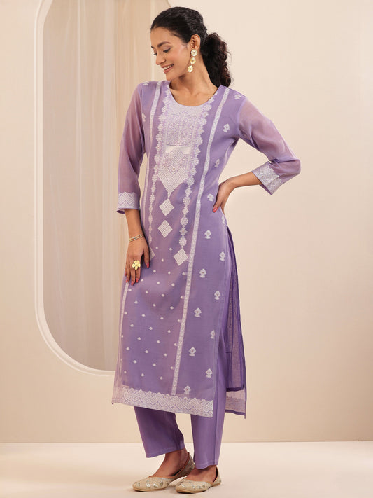 Lavender Self Design Chanderi Silk Straight Suit Sets With Dupatta