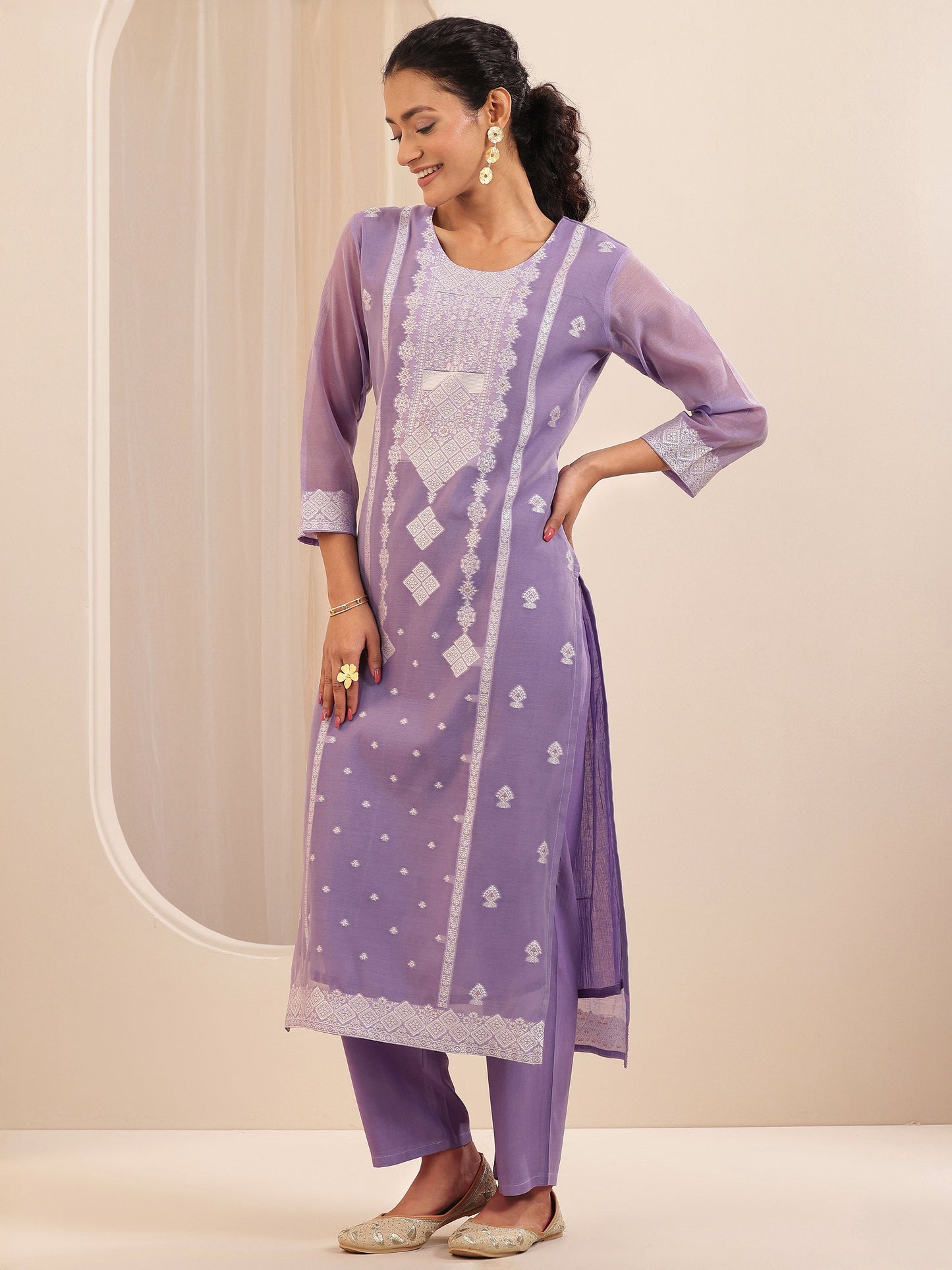 Lavender Self Design Chanderi Silk Straight Suit Sets With Dupatta