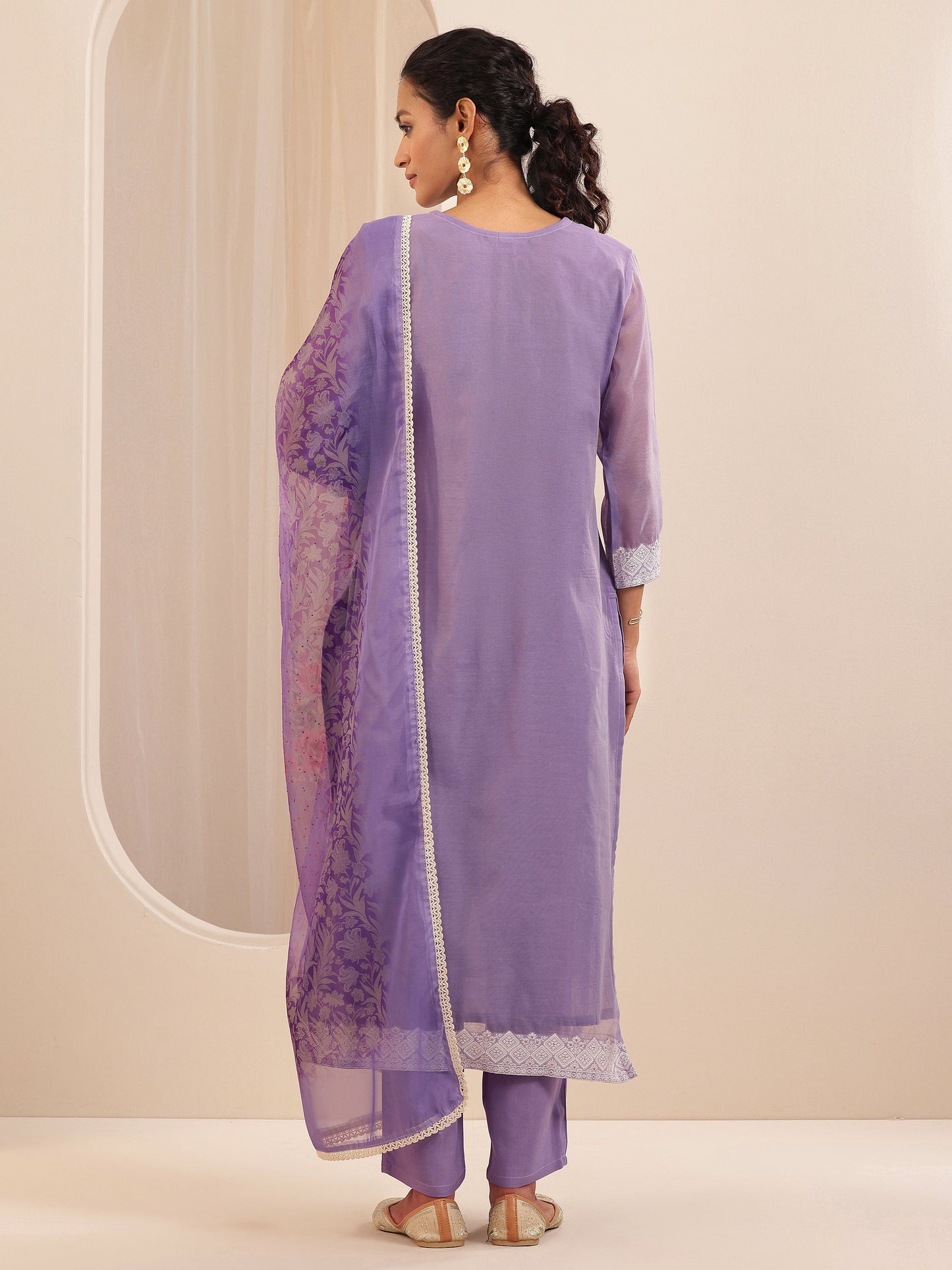 Lavender Self Design Chanderi Silk Straight Suit Sets With Dupatta