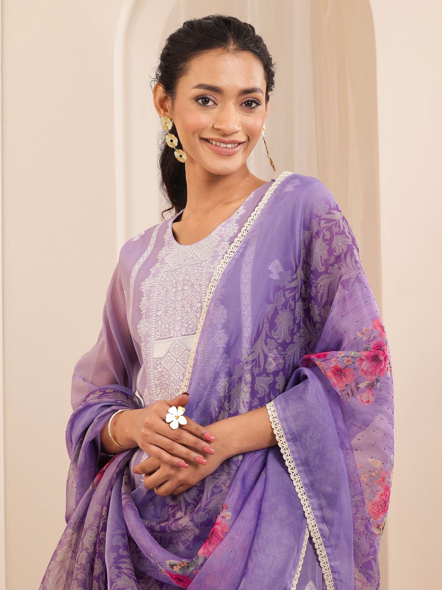 Lavender Self Design Chanderi Silk Straight Suit Sets With Dupatta