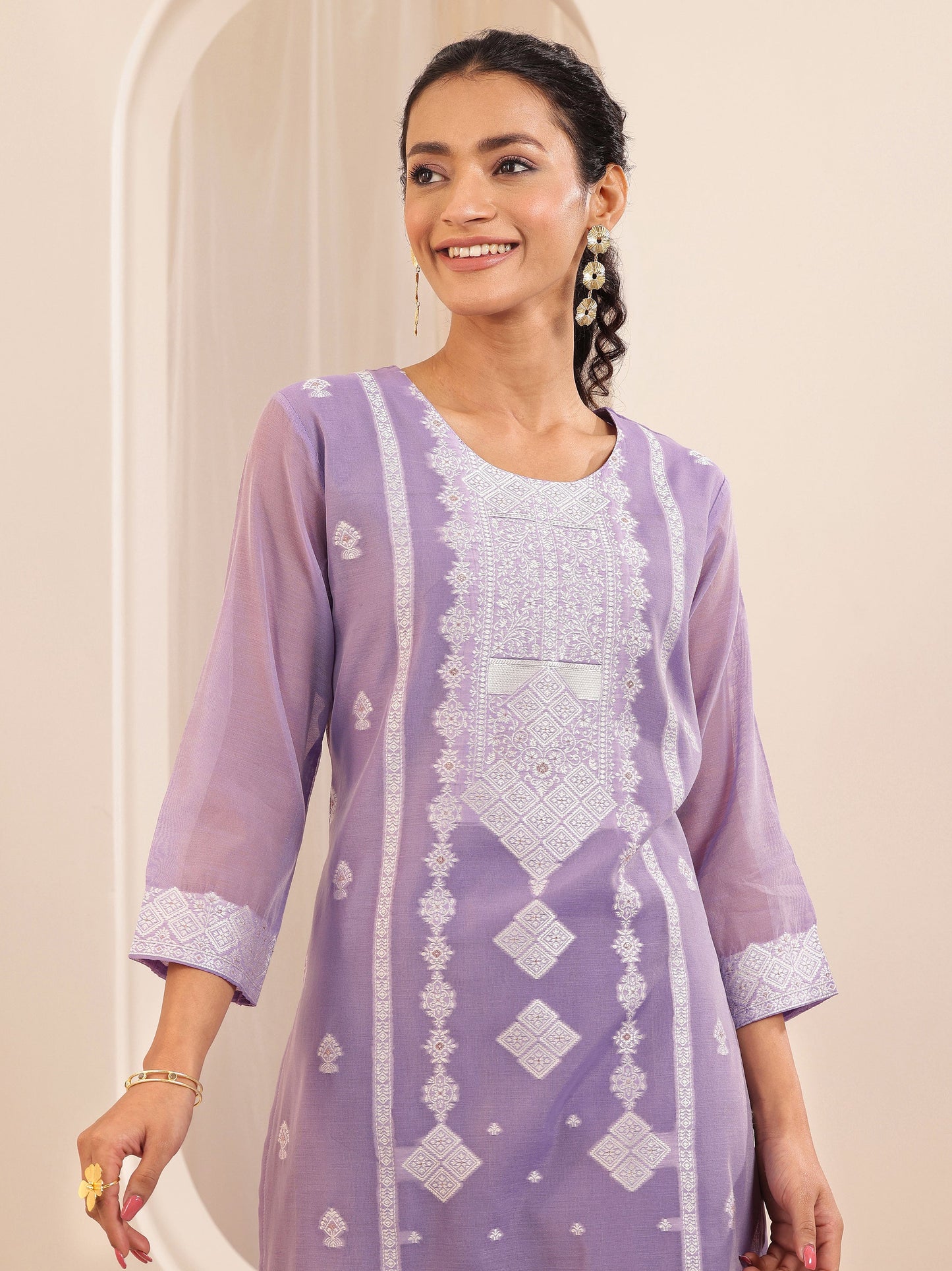 Lavender Self Design Chanderi Silk Straight Suit Sets With Dupatta