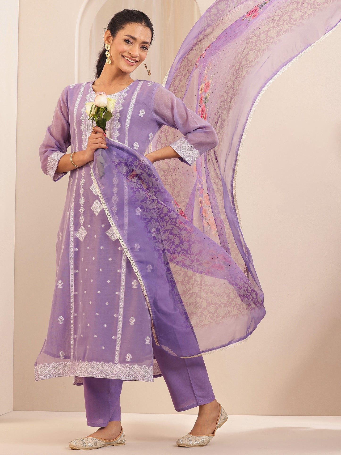 Lavender Self Design Chanderi Silk Straight Suit Sets With Dupatta